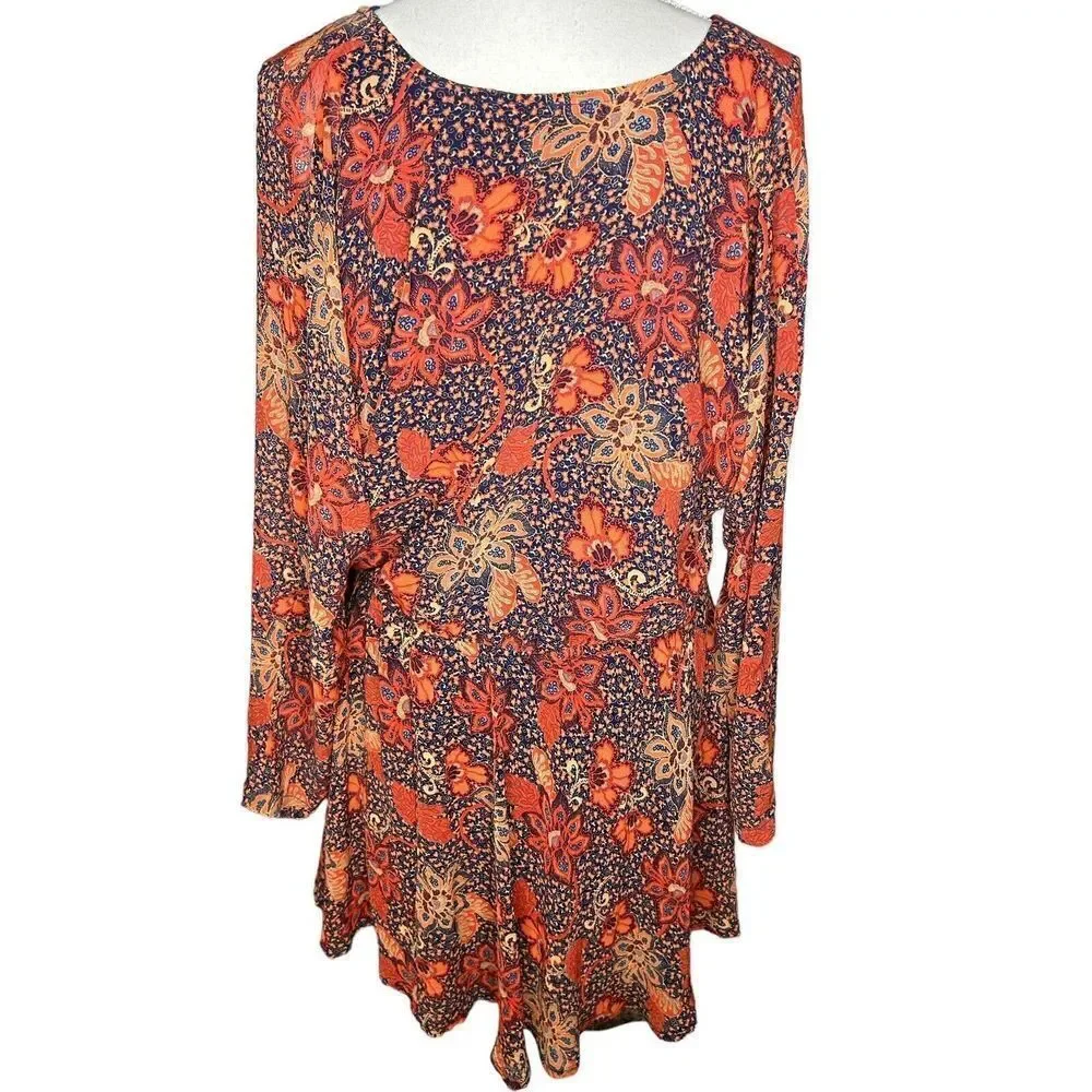 Free People Teegan Mini Dress Floral Print Orange Red Oversized Sz S NEW!
